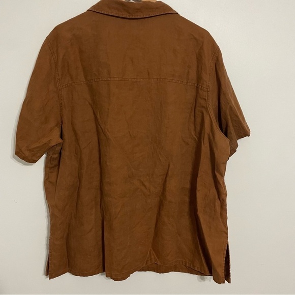 VINTAGE | Camel Brown Oversized Slouchy Linen Button Down Short Sleeve Top - Picture 6 of 6